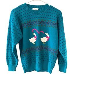 Vintage 80s Nan Dorsey Teal Goose Embroidered Knit Sweater USA Cottagecore